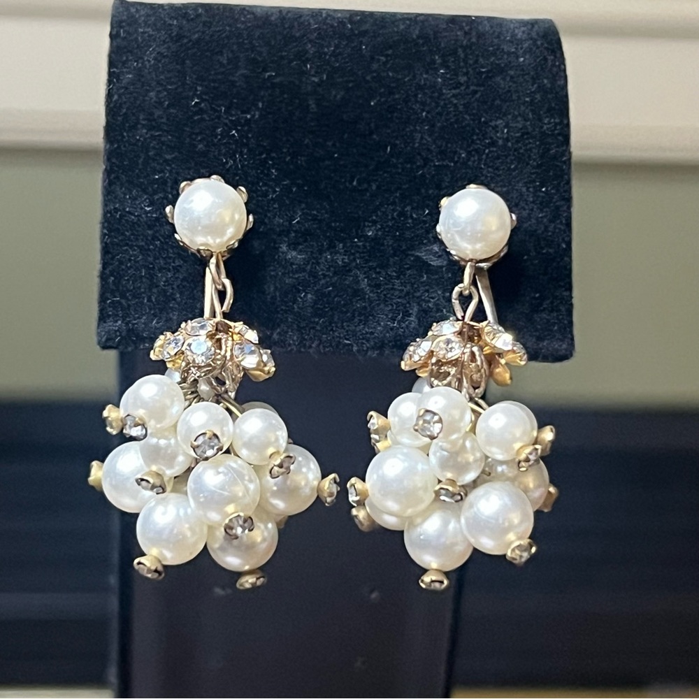 Vintage Pearl & Rhinestone Cluster Earrings